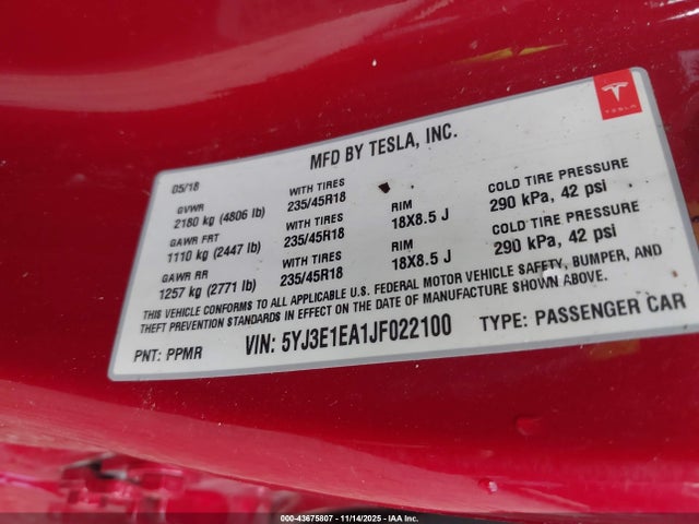 2018 TESLA MODEL 3 5YJ3E1EA1JF022100 Photo 8
