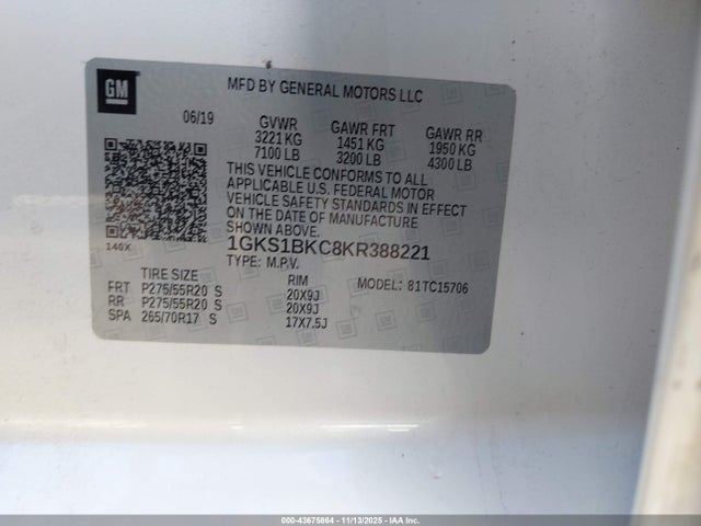 Продаж на аукціоні авто 2019 Gmc Yukon Slt, vin: 1GKS1BKC8KR388221, номер лоту: 43675864