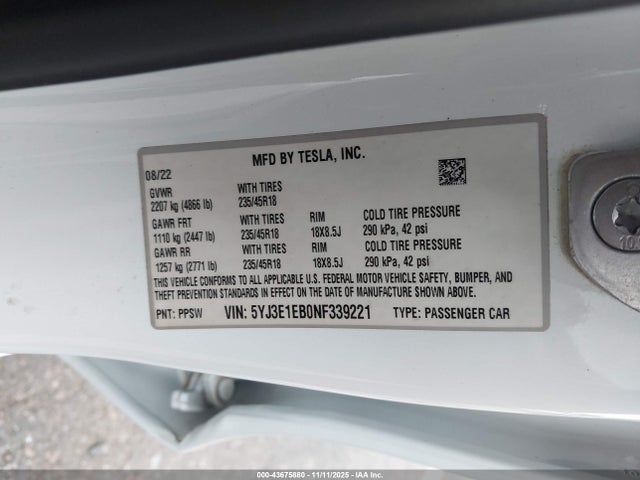 2022 TESLA MODEL 3 5YJ3E1EB0NF339221 Photo 8