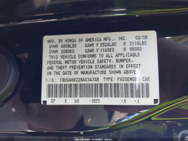 2008 ACURA TL 19UUA66228A034748 Photo 8