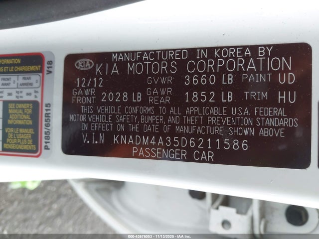 43676053 :رقم المزاد ، KNADM4A35D6211586 vin ، 2013 Kia Rio Lx مزاد بيع