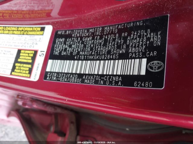 2019 TOYOTA CAMRY 4T1B11HK6KU828465 Photo 8