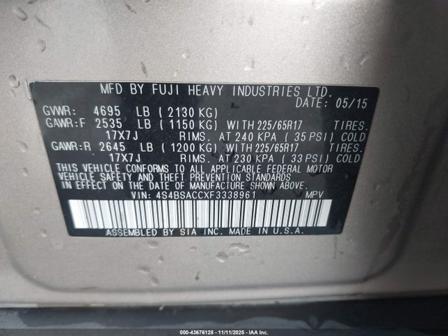 4S4BSACCXF3338961 Subaru Outback 2.5i Premium