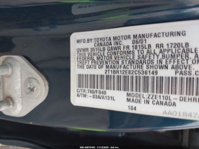 2002 TOYOTA COROLLA 2T1BR12E82C536149 Photo 8