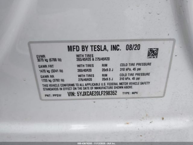 2020 TESLA MODEL X 5YJXCAE20LF298352 Photo 8