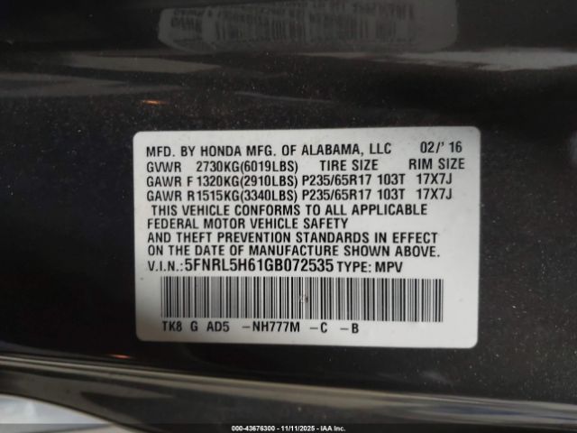 2016 HONDA ODYSSEY 5FNRL5H61GB072535 Photo 8