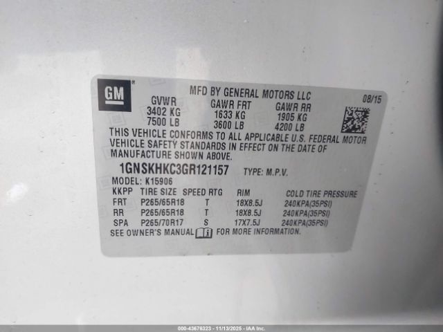 2016 CHEVROLET SUBURBAN 1GNSKHKC3GR121157 Photo 8