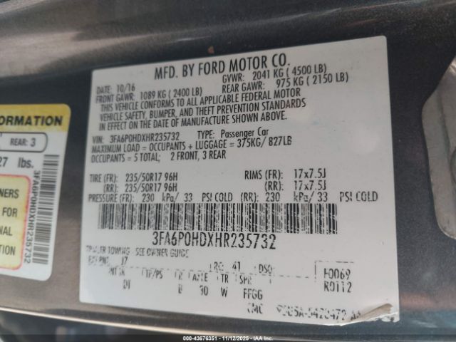 2017 FORD FUSION 3FA6P0HDXHR235732 Photo 8