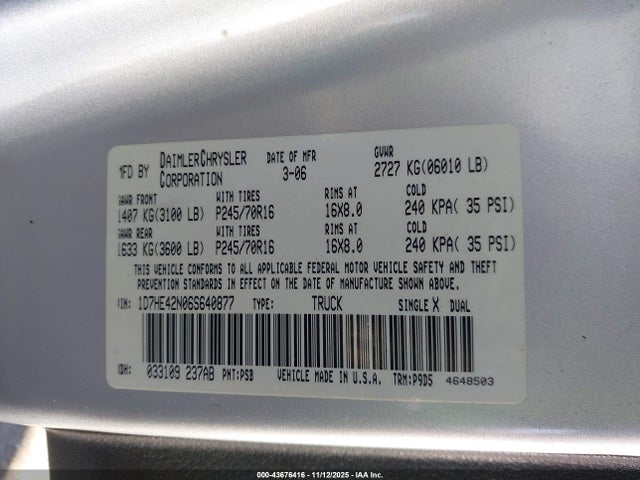Продаж на аукціоні авто 2006 Dodge Dakota Slt, vin: 1D7HE42N06S640877, номер лоту: 43676416