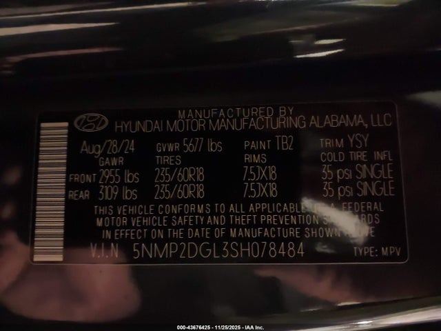 Продажа на аукционе авто 2025 Hyundai Santa Fe Sel, vin: 5NMP2DGL3SH078484, номер лота: 43676425