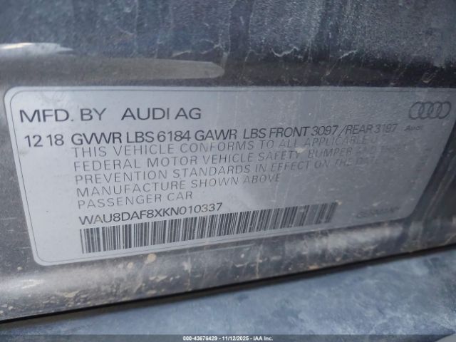 2019 AUDI A8 L WAU8DAF8XKN010337 Photo 8