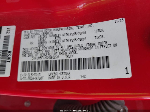 Продажа на аукционе авто 2016 Toyota Tundra Sr 4.6l V8, vin: 5TFUM5F1XGX065278, номер лота: 43676506