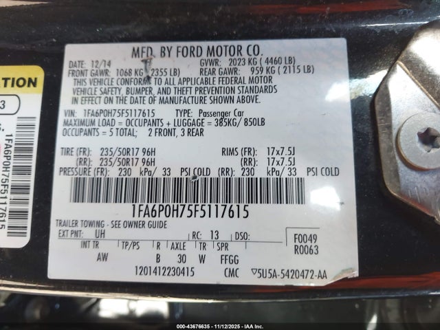 43676635 :رقم المزاد ، 1FA6P0H75F5117615 vin ، 2015 Ford Fusion Se مزاد بيع
