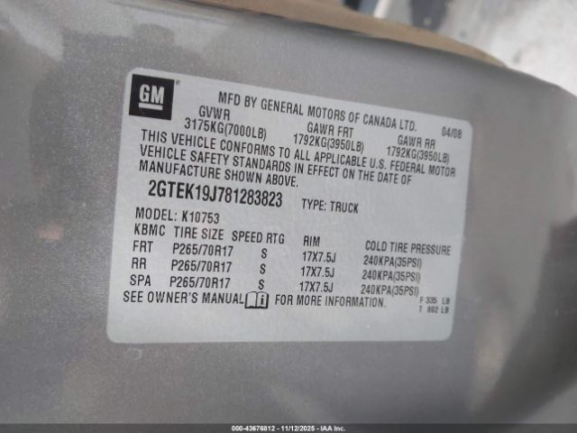 2008 GMC SIERRA 1500 2GTEK19J781283823 Photo 8