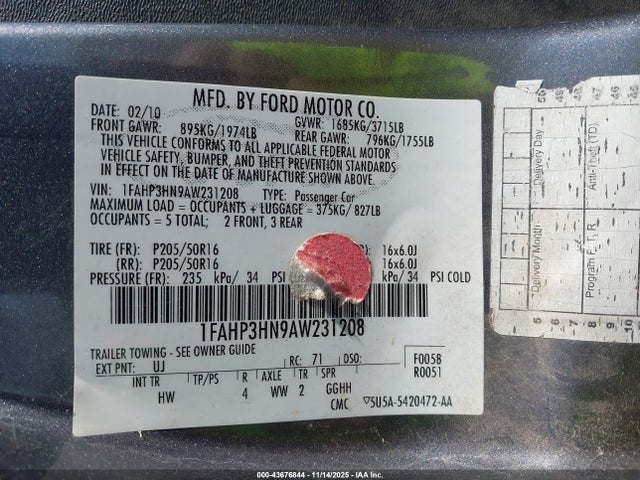 Aukcja sprzedaży 2010 Ford Focus Sel, vin: 1FAHP3HN9AW231208, numer aukcji: 43676844