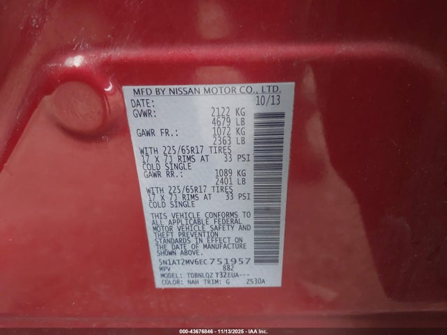 43676846 :رقم المزاد ، 5N1AT2MV6EC751957 vin ، 2014 Nissan Rogue Sv مزاد بيع