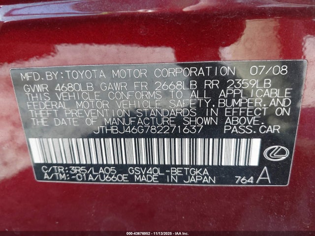 Продажа на аукционе авто 2008 Lexus Es 350, vin: JTHBJ46G782271637, номер лота: 43676952
