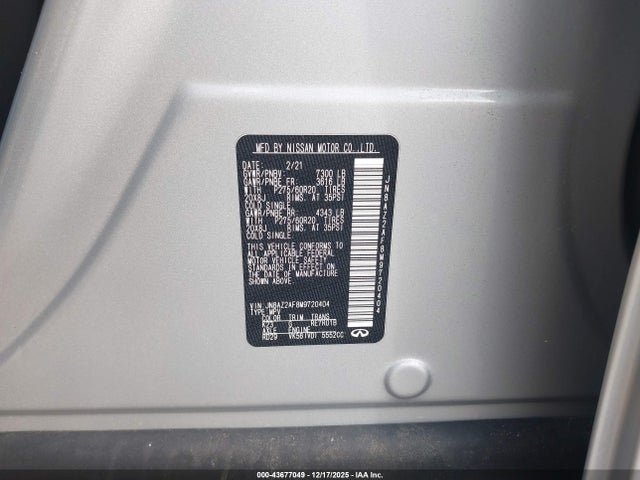 Aukcja sprzedaży 2021 Infiniti Qx80 Luxe, vin: JN8AZ2AF8M9720404, numer aukcji: 43677049