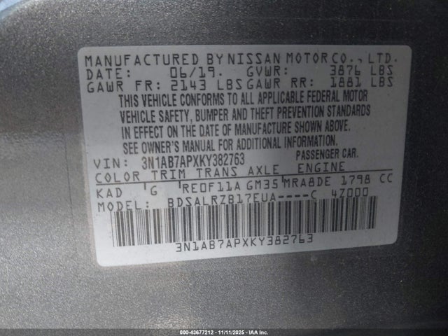 Aukcja sprzedaży 2019 Nissan Sentra Sr, vin: 3N1AB7APXKY382763, numer aukcji: 43677212