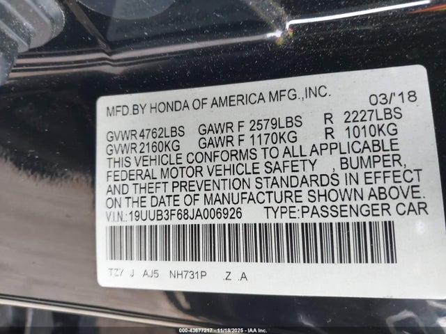 43677217 :رقم المزاد ، 19UUB3F68JA006926 vin ، 2018 Acura Tlx Tech   A-spec Pkgs مزاد بيع