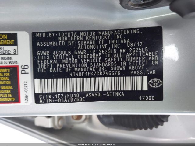 2012 TOYOTA CAMRY 4T4BF1FK7CR246676 Photo 8