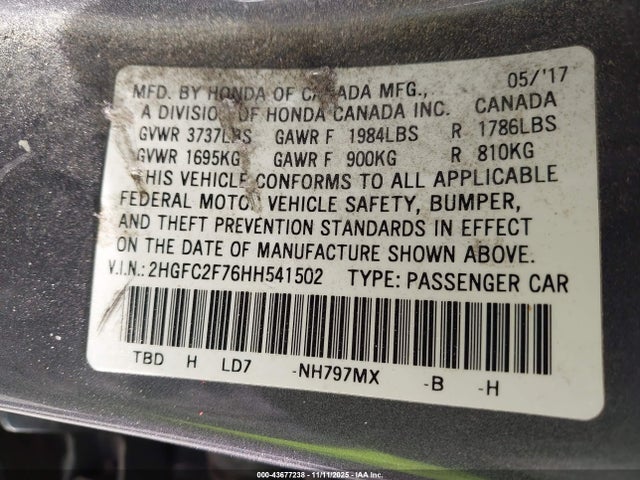 Honda CIVIC EX 2017 2HGFC2F76HH541502 Image 9
