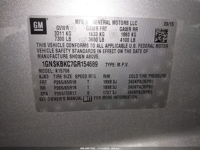 Chevrolet Tahoe Lt 2016 1GNSKBKC7GR154689 Image 9