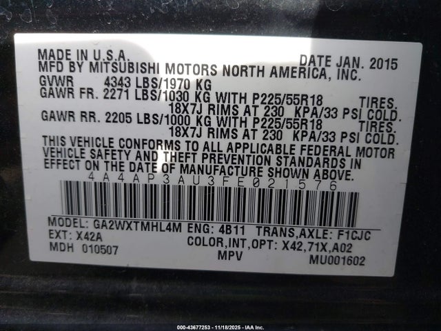 Aukcja sprzedaży 2015 Mitsubishi Outlander Sport Es, vin: 4A4AP3AU3FE021576, numer aukcji: 43677253