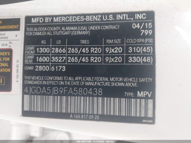 2015 MERCEDES-BENZ ML 350 4JGDA5JB9FA580438 Photo 8
