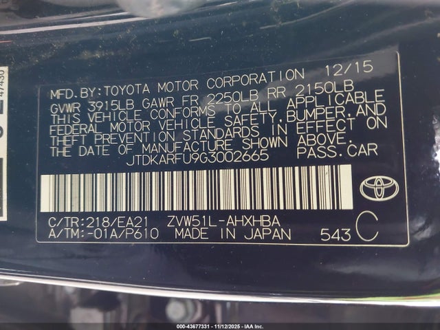 JTDKARFU9G3002665 Toyota Prius Three Touring