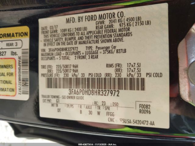 2017 FORD FUSION 3FA6P0HD8HR327972 Photo 8