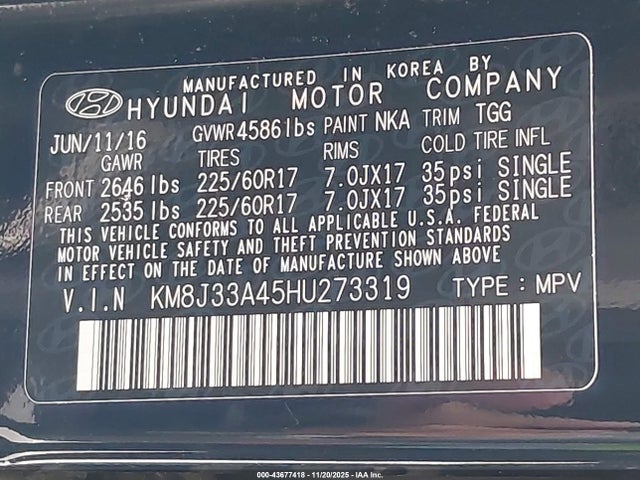 KM8J33A45HU273319 Hyundai TUCSON SE