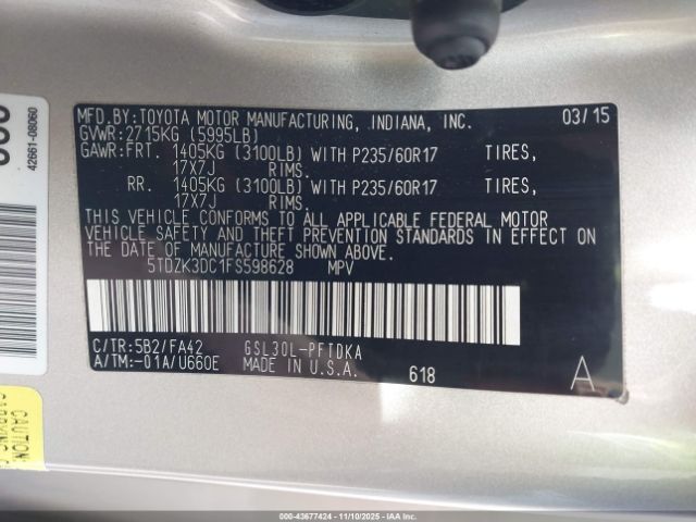 2015 TOYOTA SIENNA 5TDZK3DC1FS598628 Photo 8