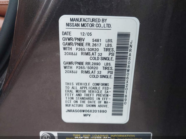 2006 Infiniti Fx35 მანქანა იყიდება აუქციონზე, vin: JNRAS08W06X201890, აუქციონის ნომერი: 43677600