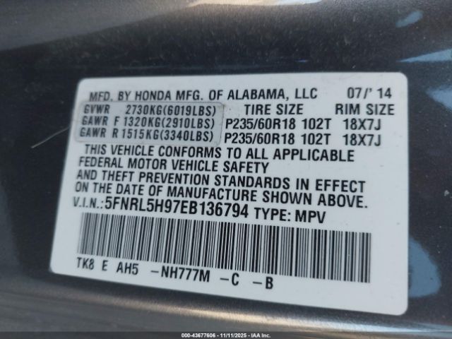 2014 HONDA ODYSSEY 5FNRL5H97EB136794 Photo 8