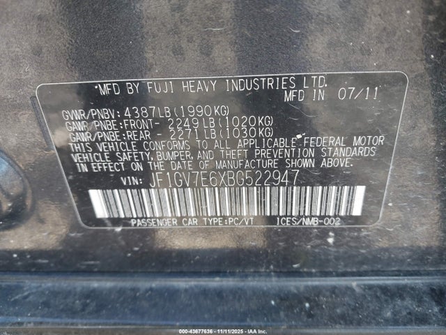 Aukcja sprzedaży 2011 Subaru Impreza Wrx, vin: JF1GV7E6XBG522947, numer aukcji: 43677636