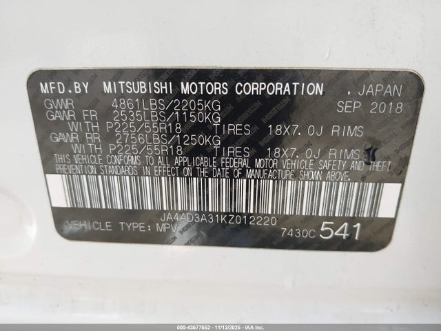 2019 MITSUBISHI OUTLANDER JA4AD3A31KZ012220 Photo 8