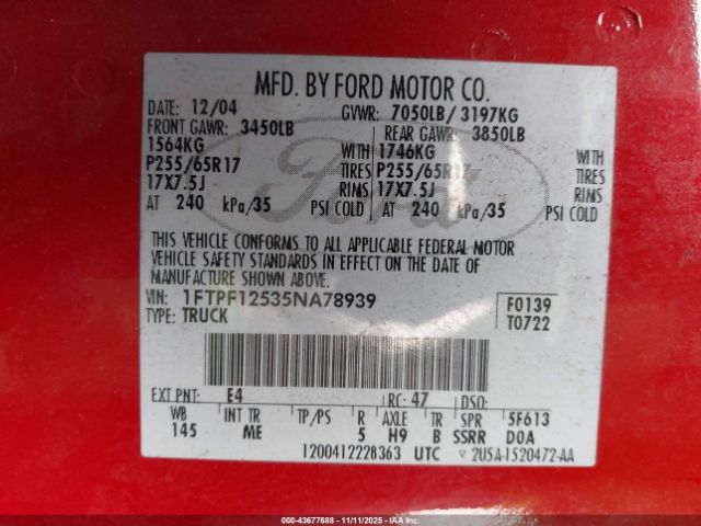 2005 FORD F-150 1FTPF12535NA78939 Photo 8