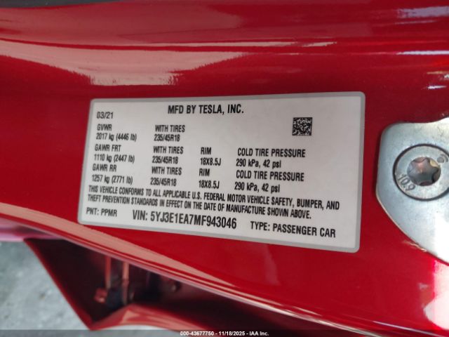 2021 TESLA MODEL 3 5YJ3E1EA7MF943046 Photo 8