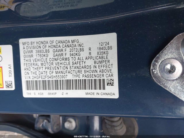 43677796 :رقم المزاد ، 2HGFE2F54SH553907 vin ، 2025 Honda Civic Sport مزاد بيع