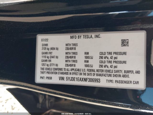 2022 TESLA MODEL 3 5YJ3E1EAXNF306993 Photo 8