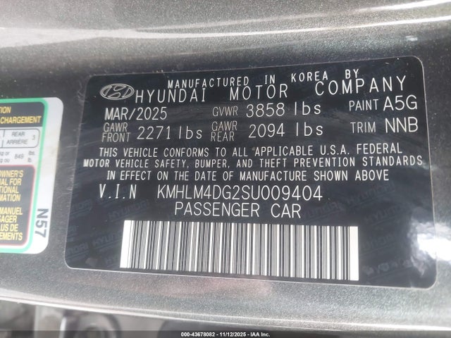 2025 Hyundai Elantra Sel Sport მანქანა იყიდება აუქციონზე, vin: KMHLM4DG2SU009404, აუქციონის ნომერი: 43678082