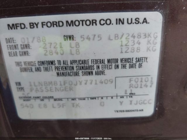 1988 LINCOLN TOWN CAR 1LNBM81F0JY771409 Photo 8