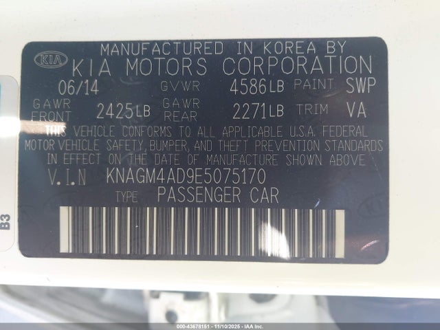 43678151 :رقم المزاد ، KNAGM4AD9E5075170 vin ، 2014 Kia Optima Hybrid Lx مزاد بيع