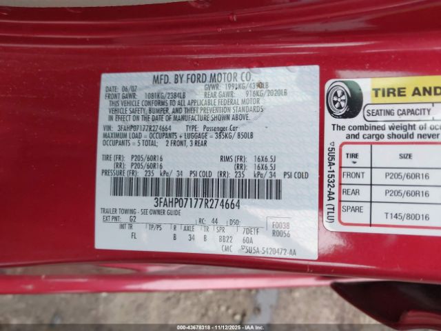 2007 FORD FUSION 3FAHP07177R274664 Photo 8