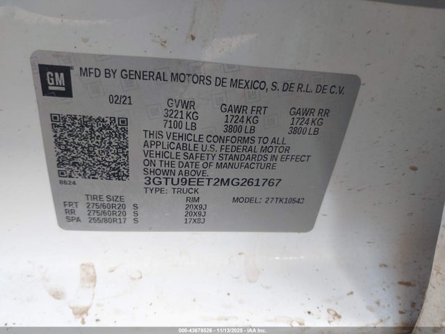 Aukcja sprzedaży 2021 Gmc Sierra 1500 4wd  Short Box At4, vin: 3GTU9EET2MG261767, numer aukcji: 43678526