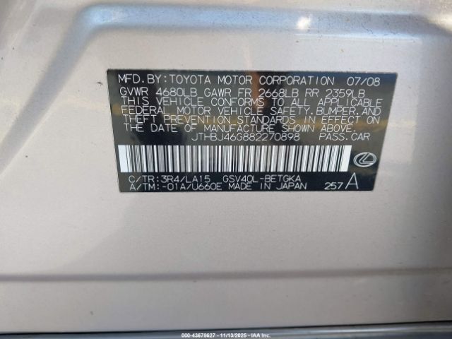 2008 LEXUS ES 350 JTHBJ46G882270898 Photo 8
