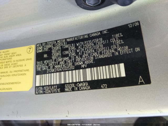 2007 LEXUS RX 350 2T2GK31U47C025202 Photo 8