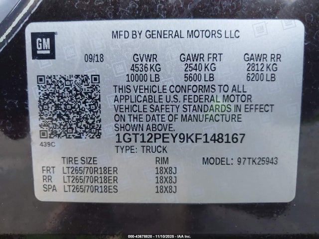 1GT12PEY9KF148167 GMC l5p - di, duramax, gen 5 var. 1