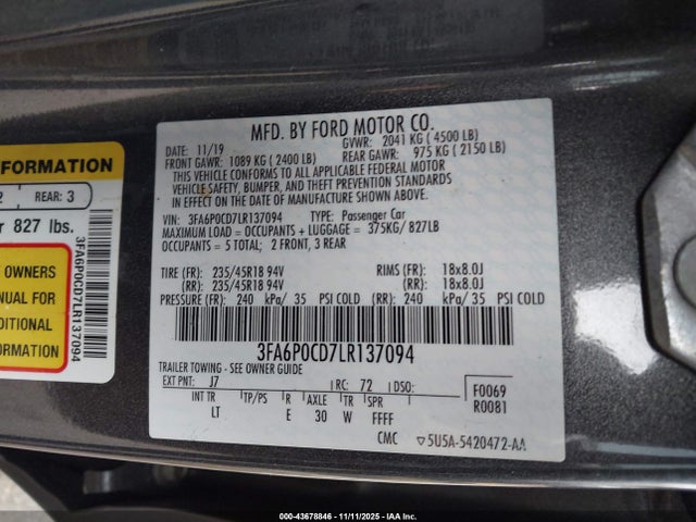 Aukcja sprzedaży 2020 Ford Fusion Sel, vin: 3FA6P0CD7LR137094, numer aukcji: 43678846